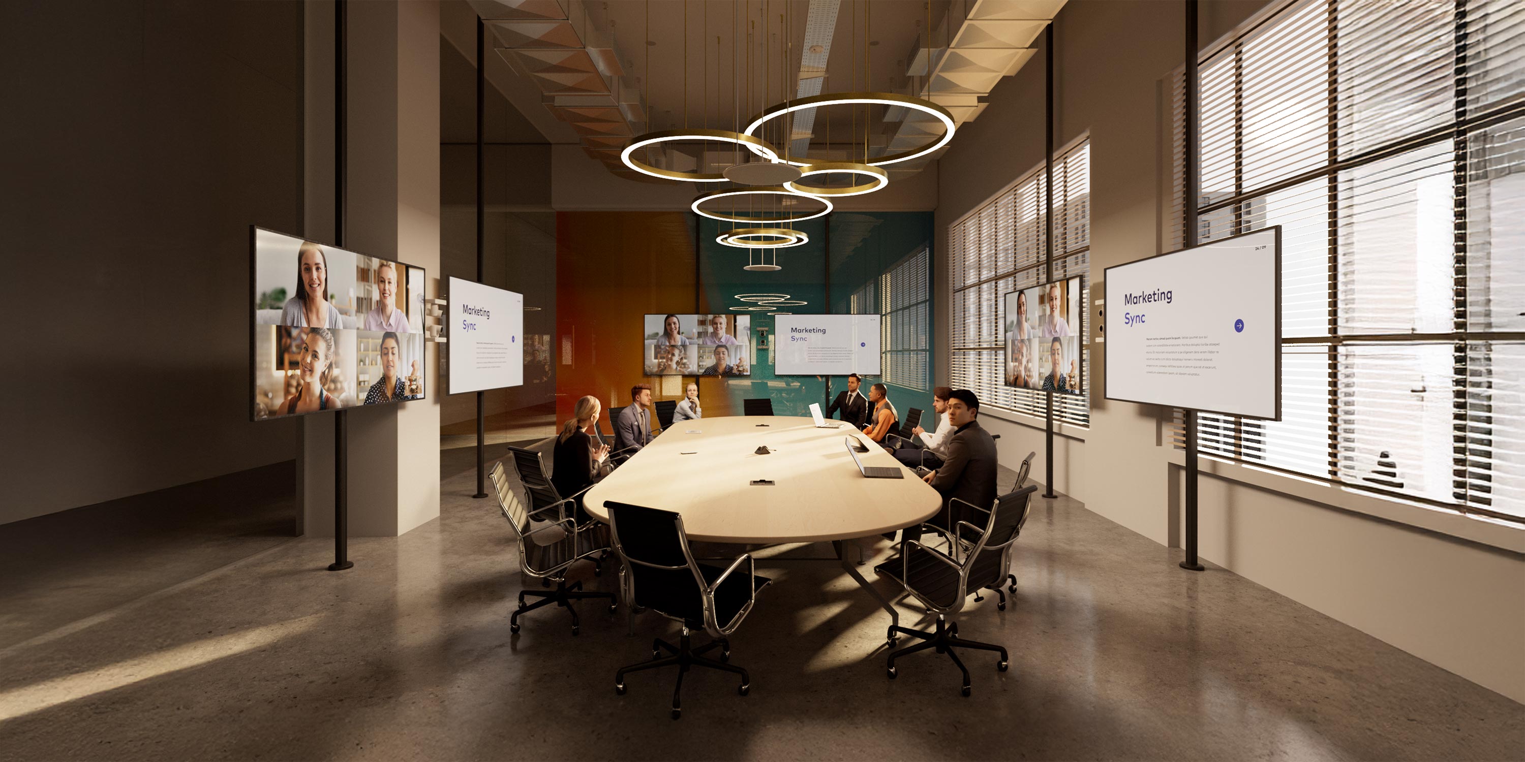 Modern boardroom with video conferencing screens and large table