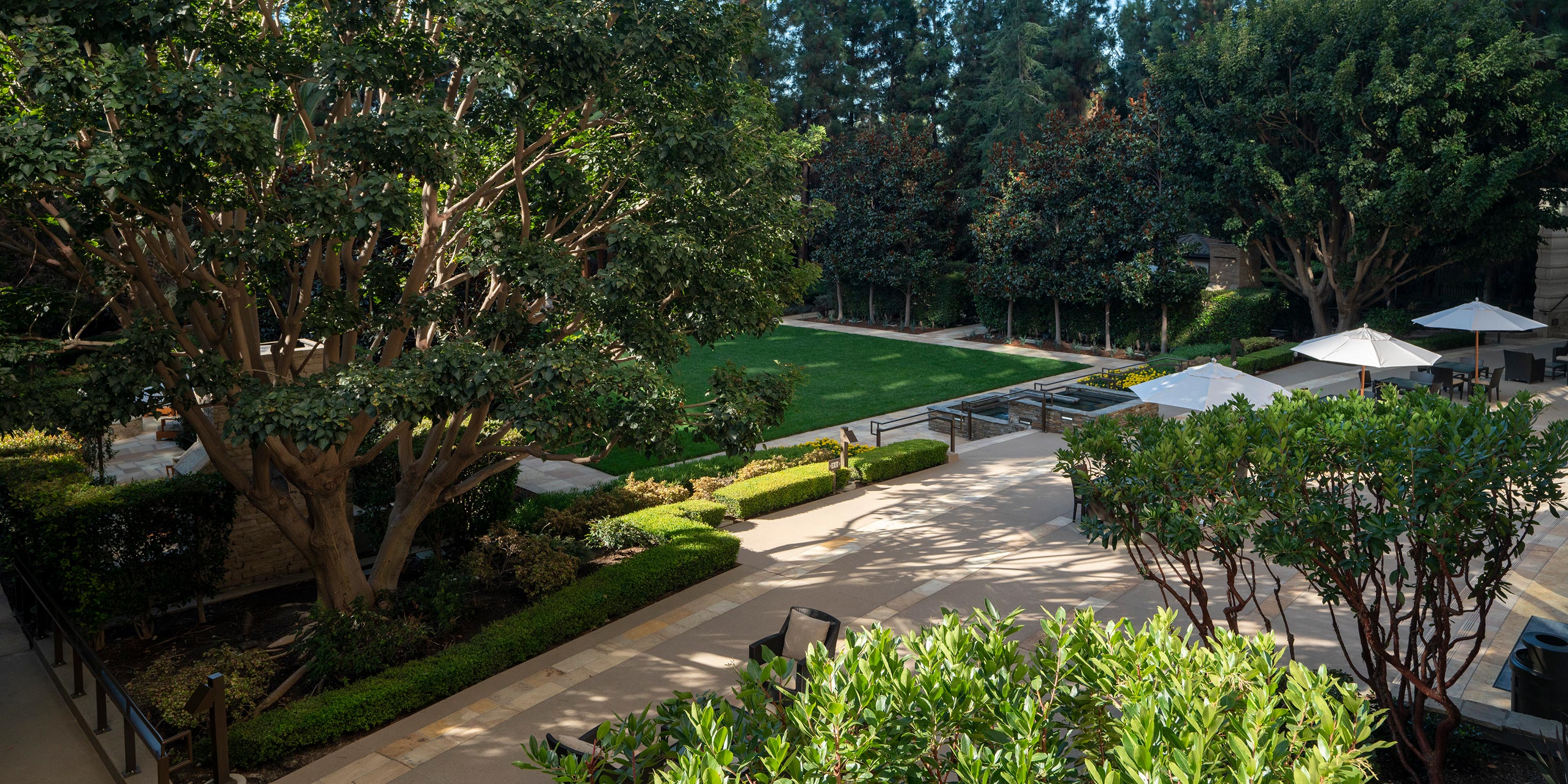 Landscaped outdoor patio area with trees, greenery, and umbrellas