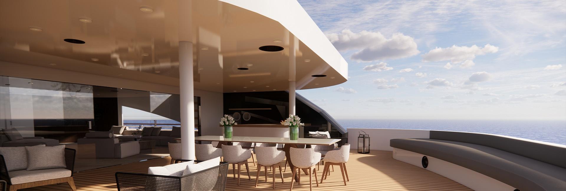 Luxurious yacht deck with built-in ceiling speakers and ocean view