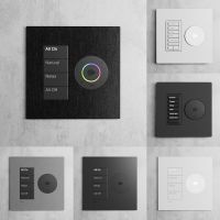 Grid of Lutron Palladiom wall keypads in various colors, each with a circular Josh.ai control for automation.