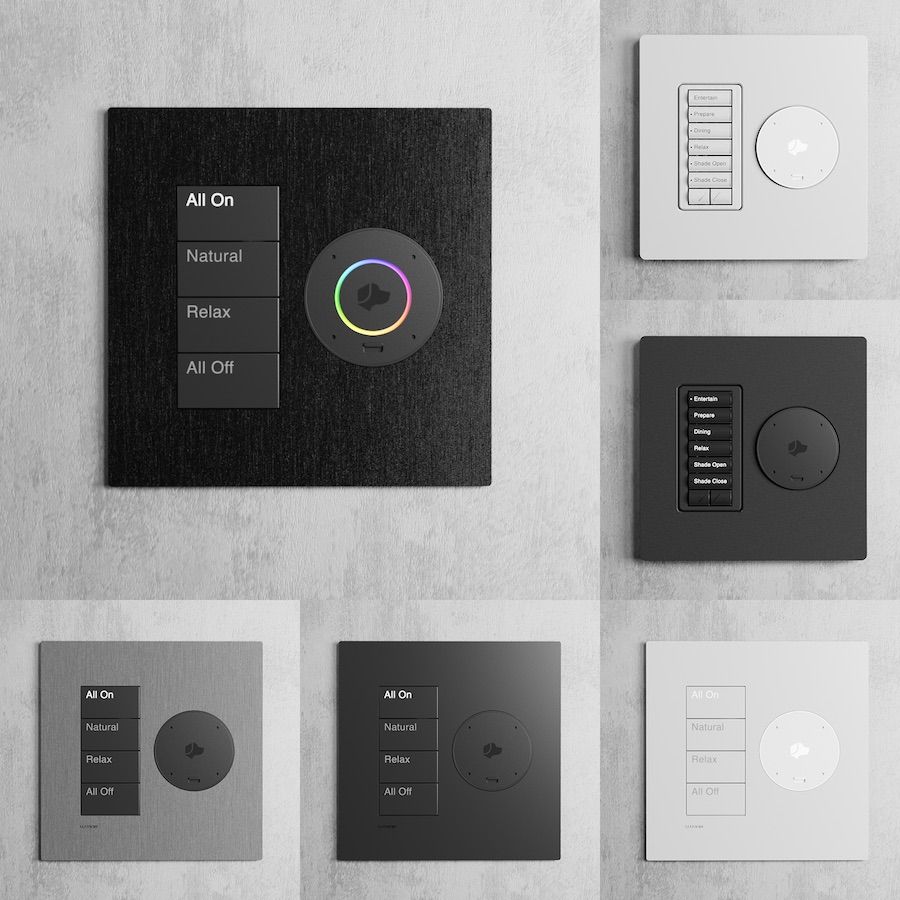 Grid of Lutron Palladiom wall keypads in various colors, each with a circular Josh.ai control for automation.